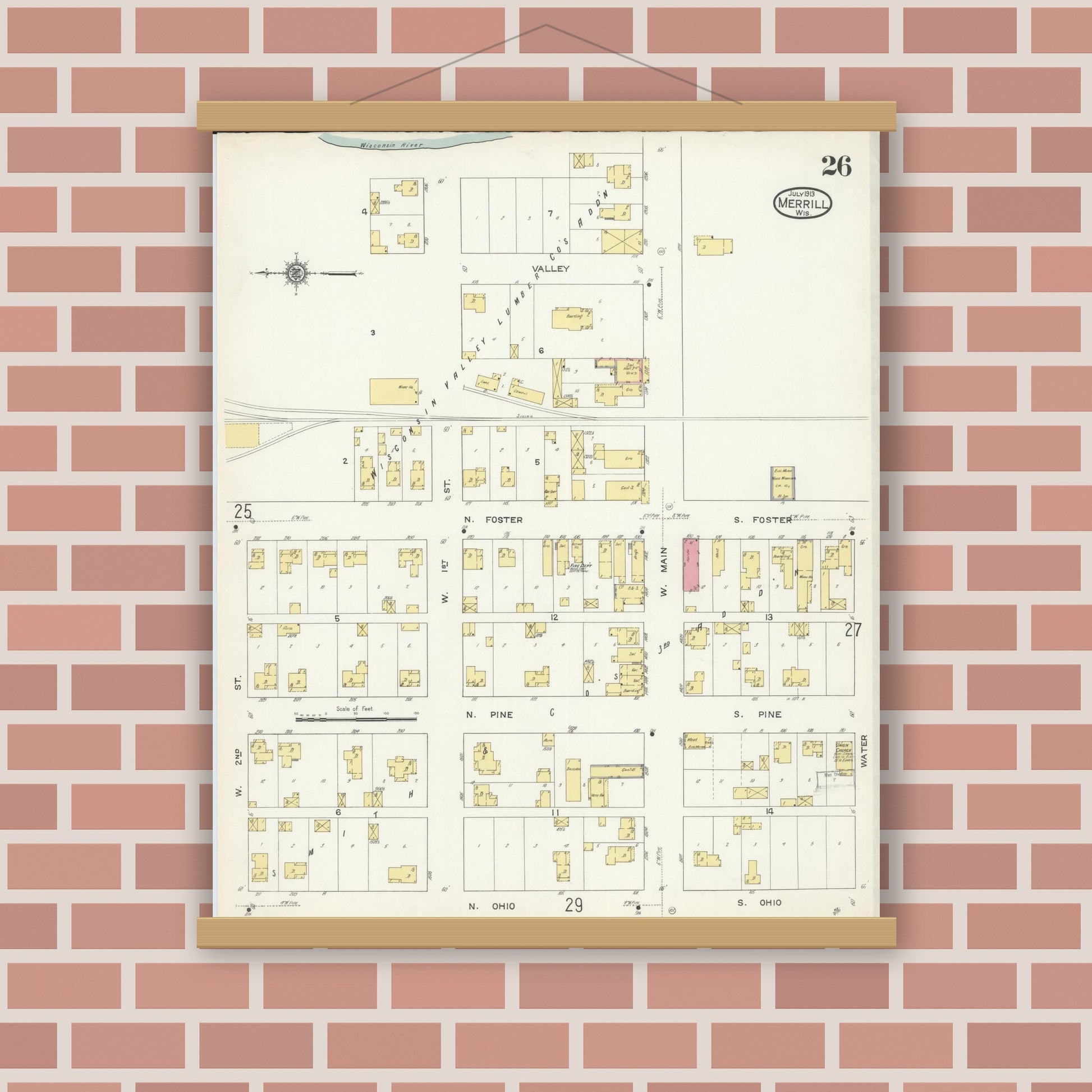 Old map wall art mockup — magnetic wood frame on brick wall — Sanborn Fire Insurance Map from Merrill, Lincoln County, Wisconsin (1913), Sheet #0026