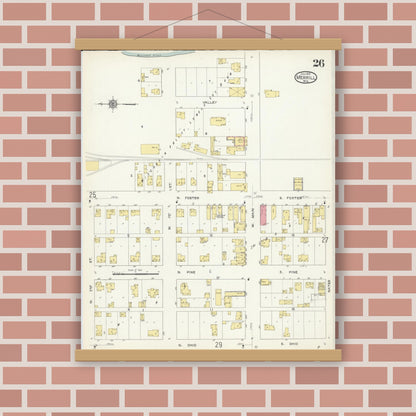 Old map wall art mockup — magnetic wood frame on brick wall — Sanborn Fire Insurance Map from Merrill, Lincoln County, Wisconsin (1913), Sheet #0026