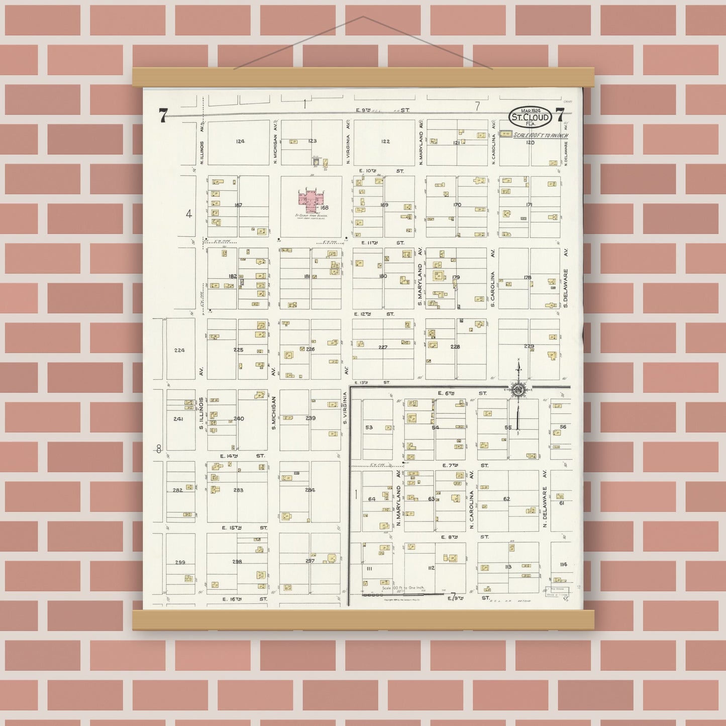 Old map wall art mockup — magnetic wood frame on brick wall — Sanborn Fire Insurance Map from Saint Cloud, Osceola County, Florida (1924), Sheet #0007