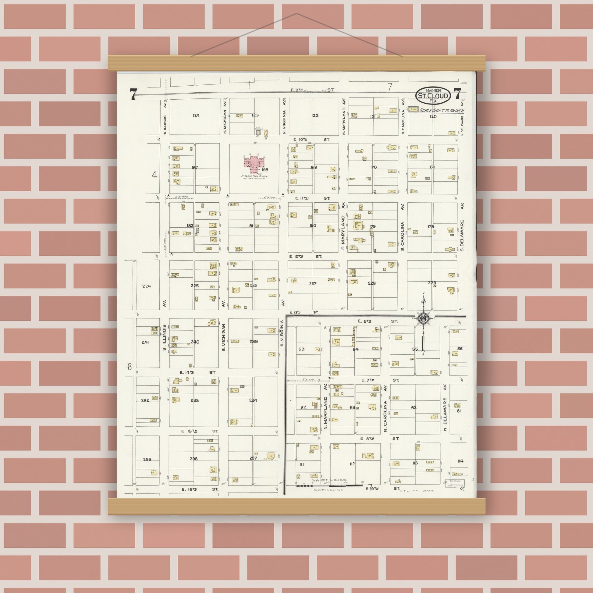 Old map wall art mockup — magnetic wood frame on brick wall — Sanborn Fire Insurance Map from Saint Cloud, Osceola County, Florida (1924), Sheet #0007