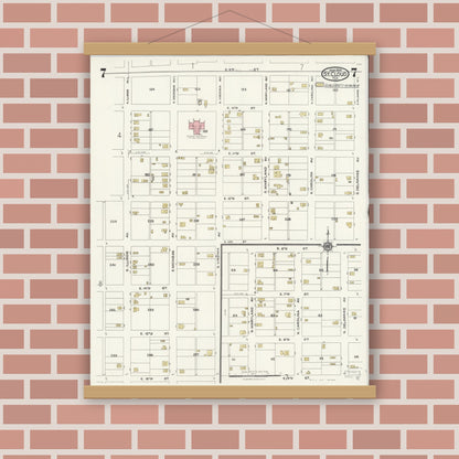 Old map wall art mockup — magnetic wood frame on brick wall — Sanborn Fire Insurance Map from Saint Cloud, Osceola County, Florida (1924), Sheet #0007