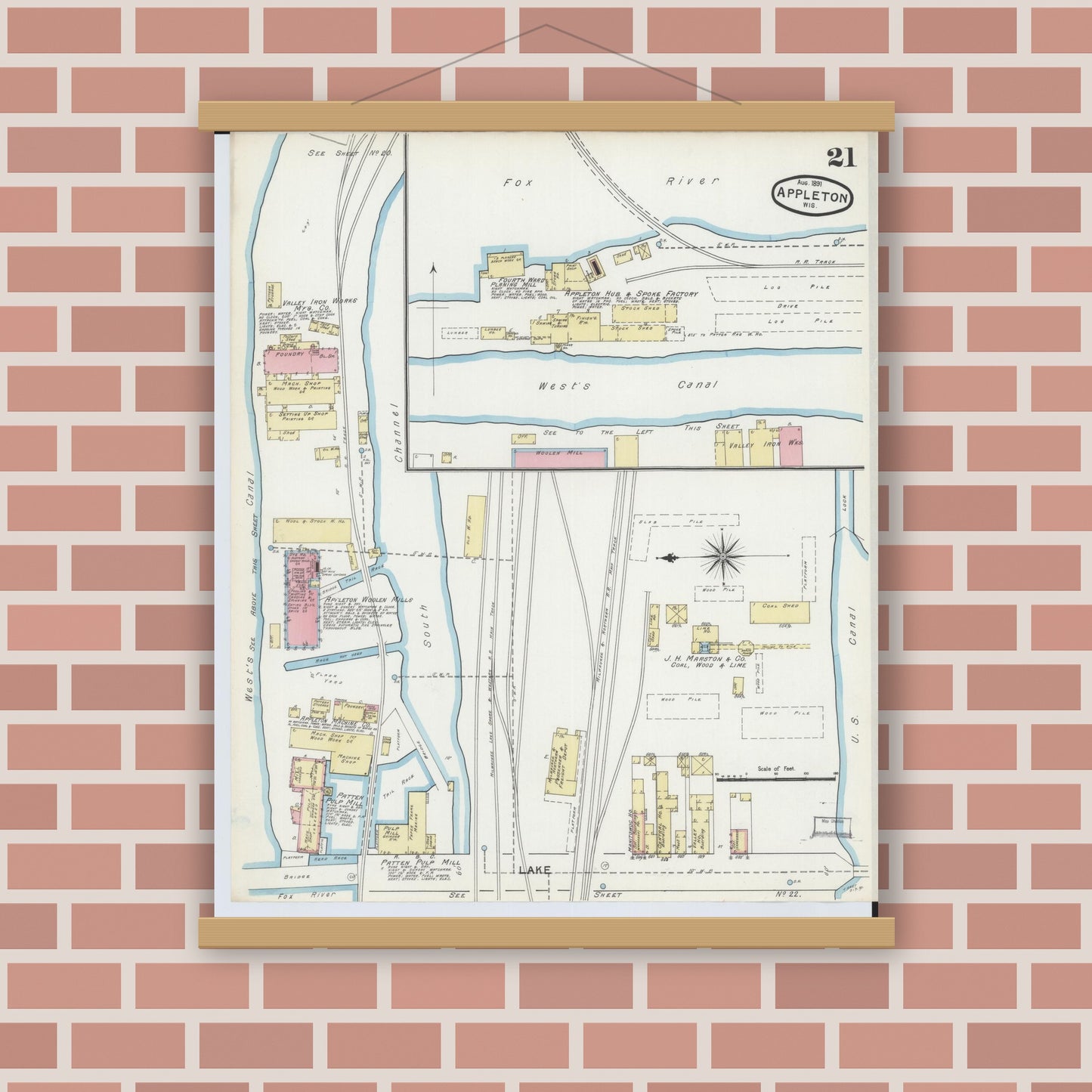 Old map wall art mockup — magnetic wood frame on brick wall — Sanborn Fire Insurance Map from Appleton, Outagamie County, Wisconsin (1891), Sheet #0021