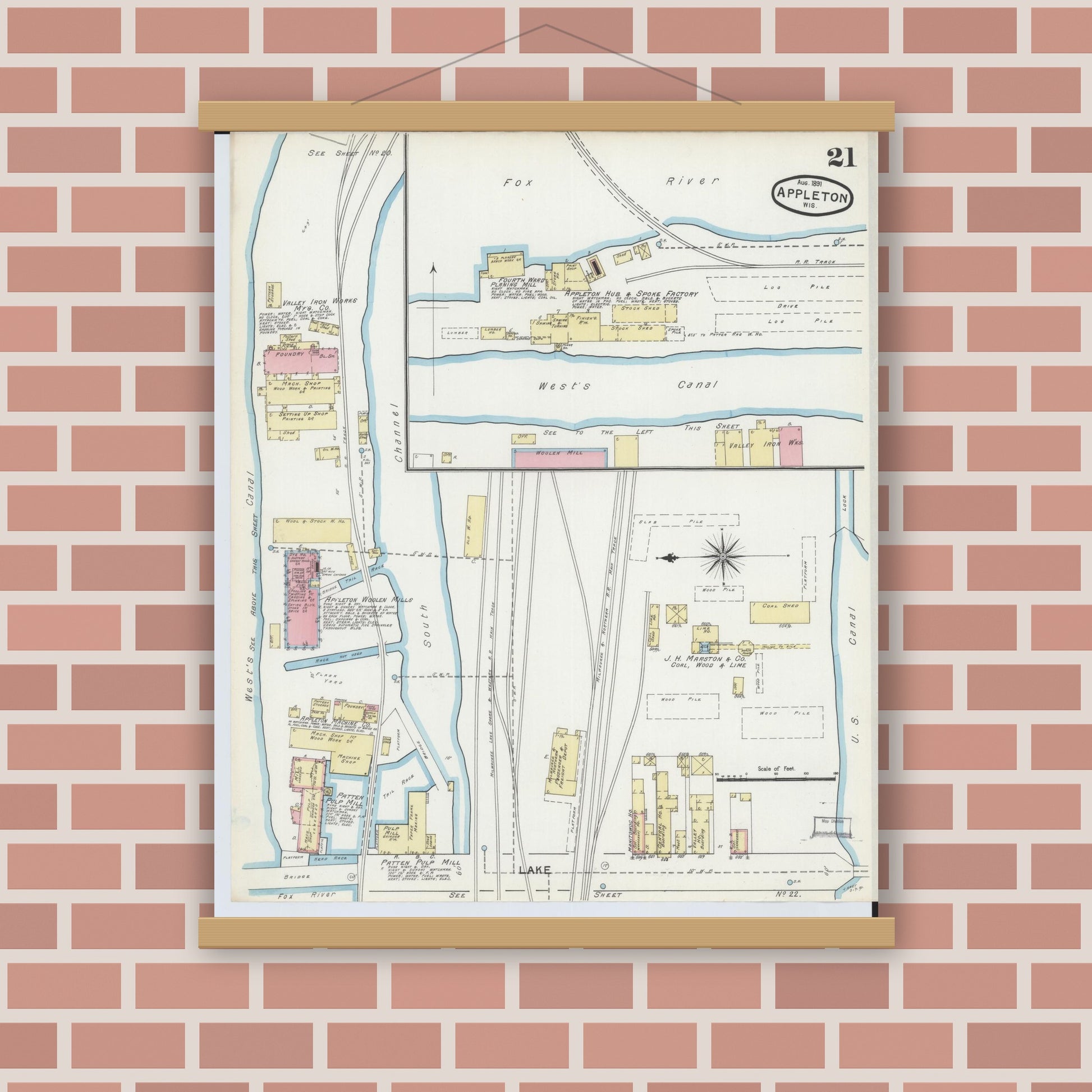 Old map wall art mockup — magnetic wood frame on brick wall — Sanborn Fire Insurance Map from Appleton, Outagamie County, Wisconsin (1891), Sheet #0021