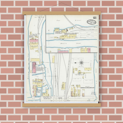 Old map wall art mockup — magnetic wood frame on brick wall — Sanborn Fire Insurance Map from Appleton, Outagamie County, Wisconsin (1891), Sheet #0021