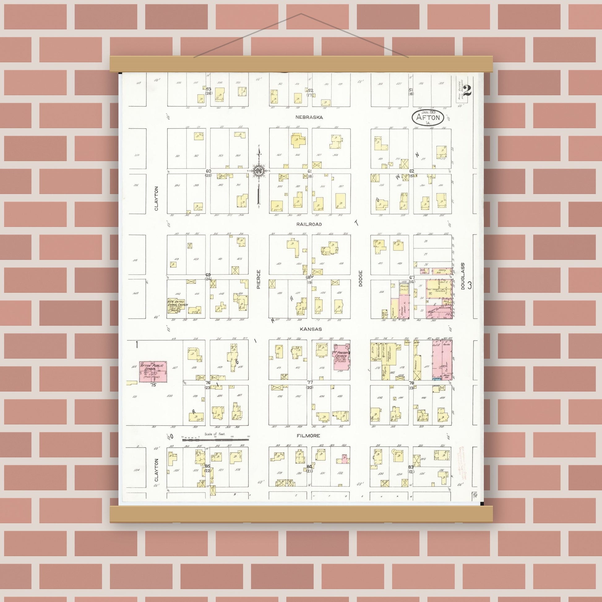Old map wall art mockup — magnetic wood frame on brick wall — Sanborn Fire Insurance Map from Afton, Union County, Iowa (1913), Sheet #0002