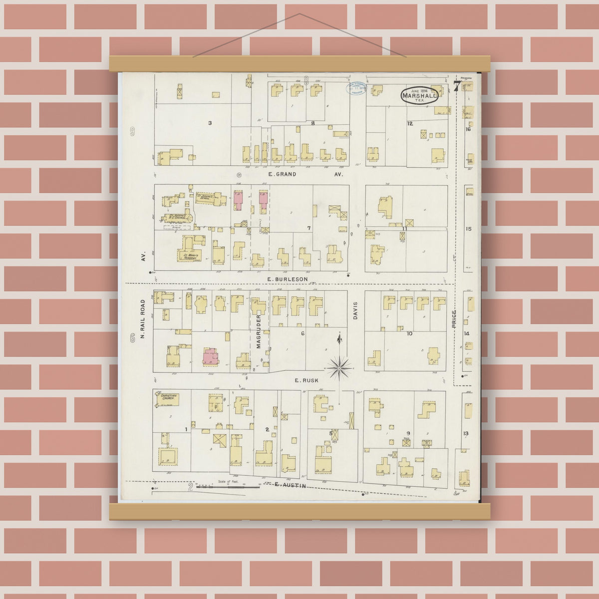 Old map wall art mockup — magnetic wood frame on brick wall — Sanborn Fire Insurance Map from Marshall, Harrison County, Texas (1894), Sheet #0007