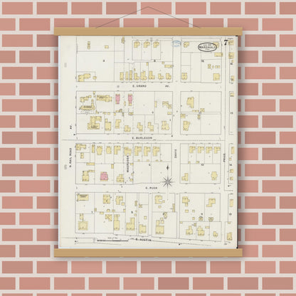 Old map wall art mockup — magnetic wood frame on brick wall — Sanborn Fire Insurance Map from Marshall, Harrison County, Texas (1894), Sheet #0007