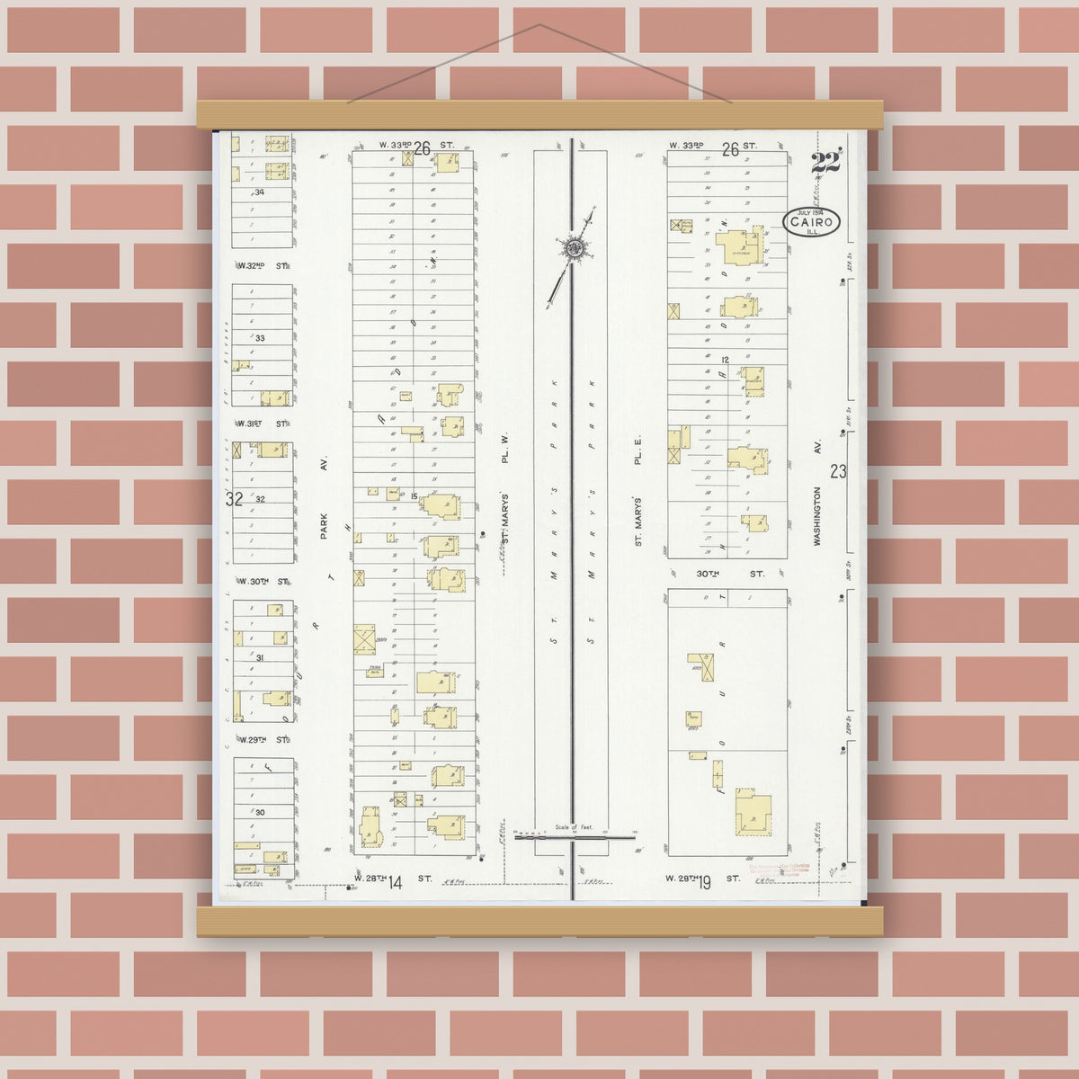 Old map wall art mockup — magnetic wood frame on brick wall — Sanborn Fire Insurance Map from Cairo, Alexander County, Illinois (1914), Sheet #0022