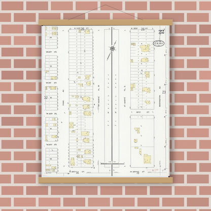 Old map wall art mockup — magnetic wood frame on brick wall — Sanborn Fire Insurance Map from Cairo, Alexander County, Illinois (1914), Sheet #0022