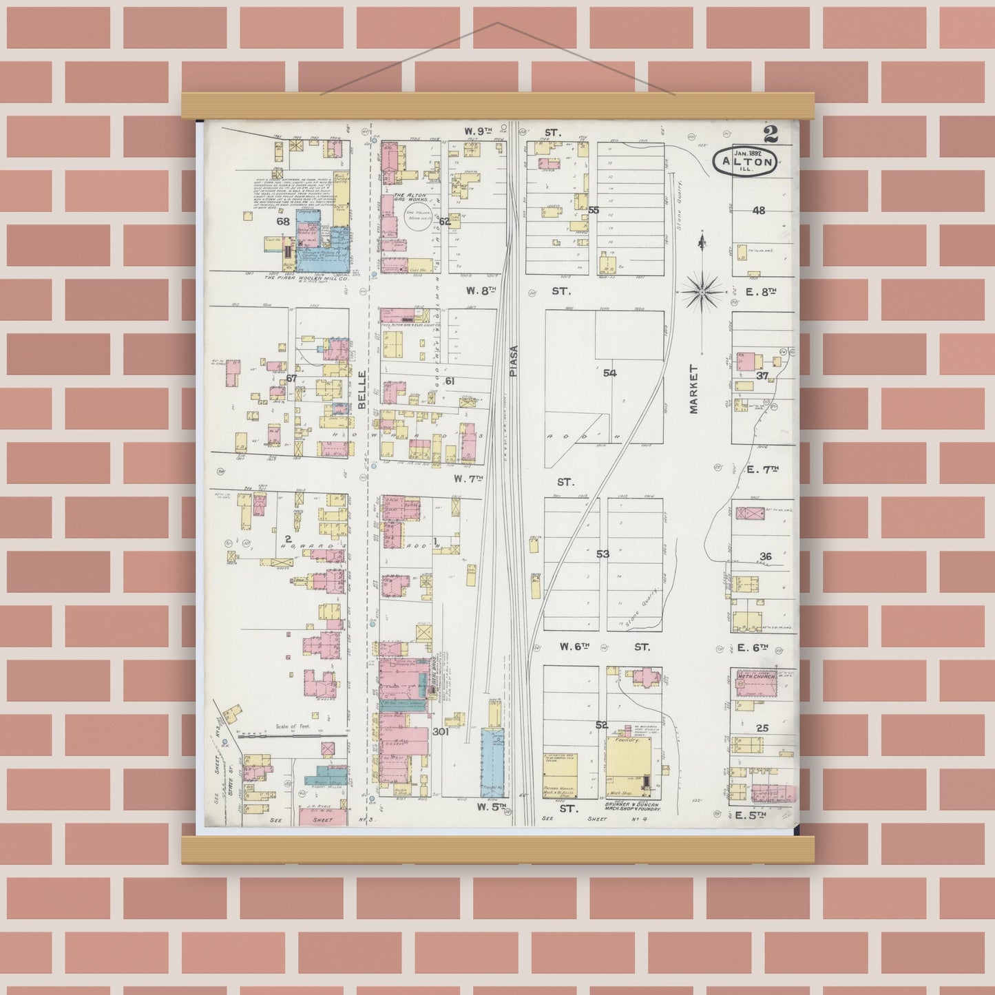 Old map wall art mockup — magnetic wood frame on brick wall — Sanborn Fire Insurance Map from Alton, Madison County, Illinois (1892), Sheet #0002