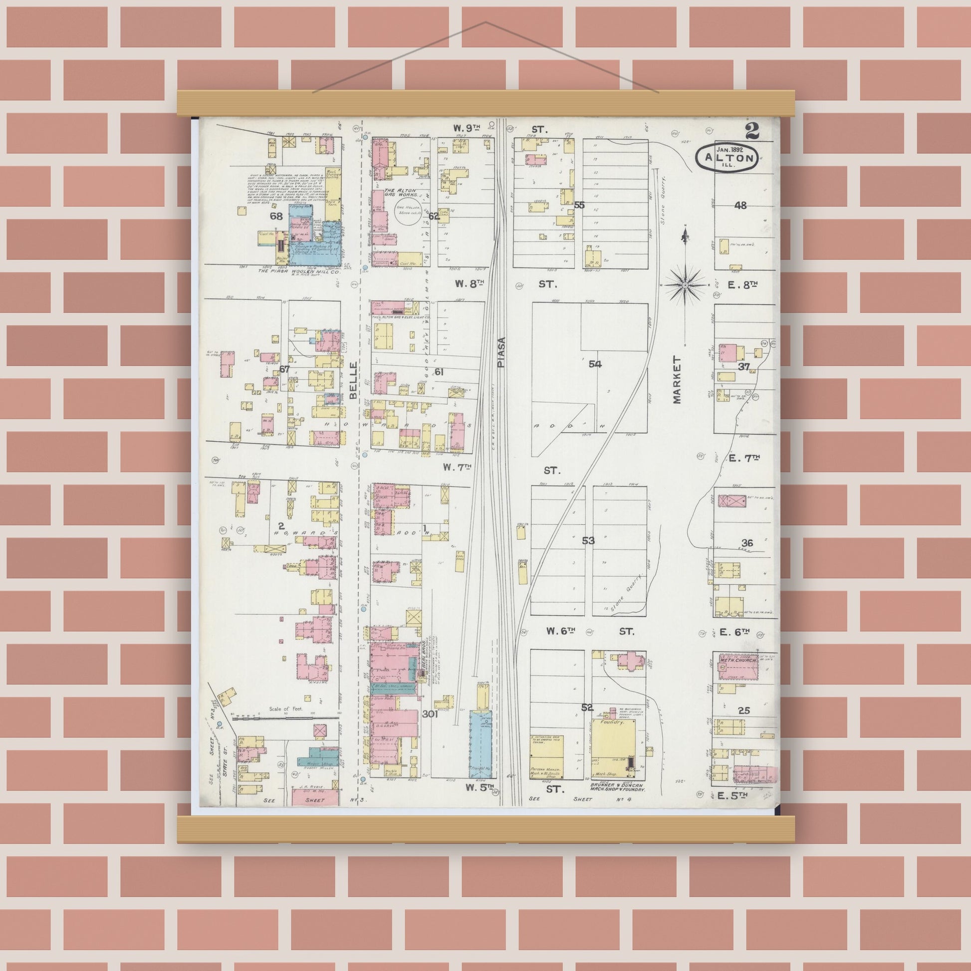 Old map wall art mockup — magnetic wood frame on brick wall — Sanborn Fire Insurance Map from Alton, Madison County, Illinois (1892), Sheet #0002