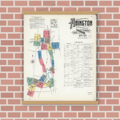 Old map wall art mockup — magnetic wood frame on brick wall — Sanborn Fire Insurance Map from Abington, Plymouth County, Massachusetts (1907) - Complete Map Set