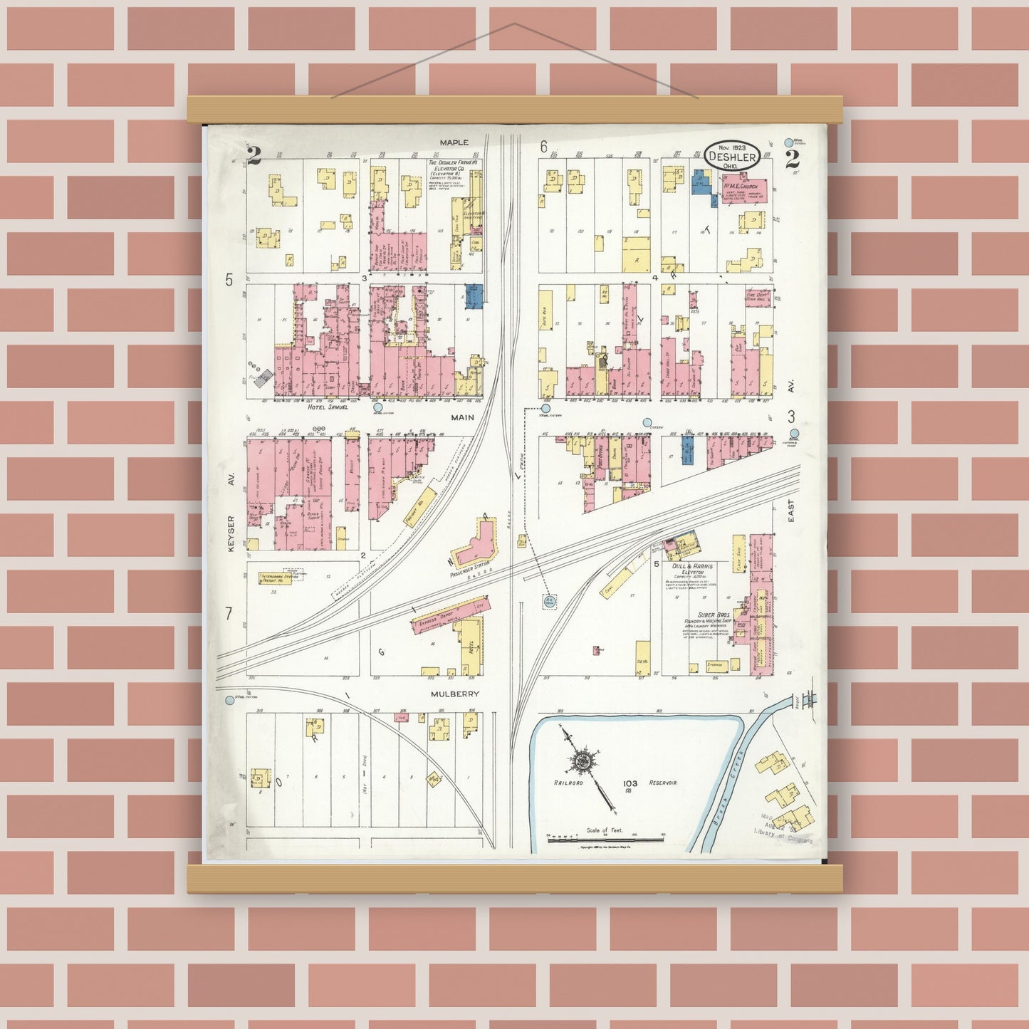 Old map wall art mockup — magnetic wood frame on brick wall — Sanborn Fire Insurance Map from Deshler, Henry County, Ohio (1923), Sheet #0002