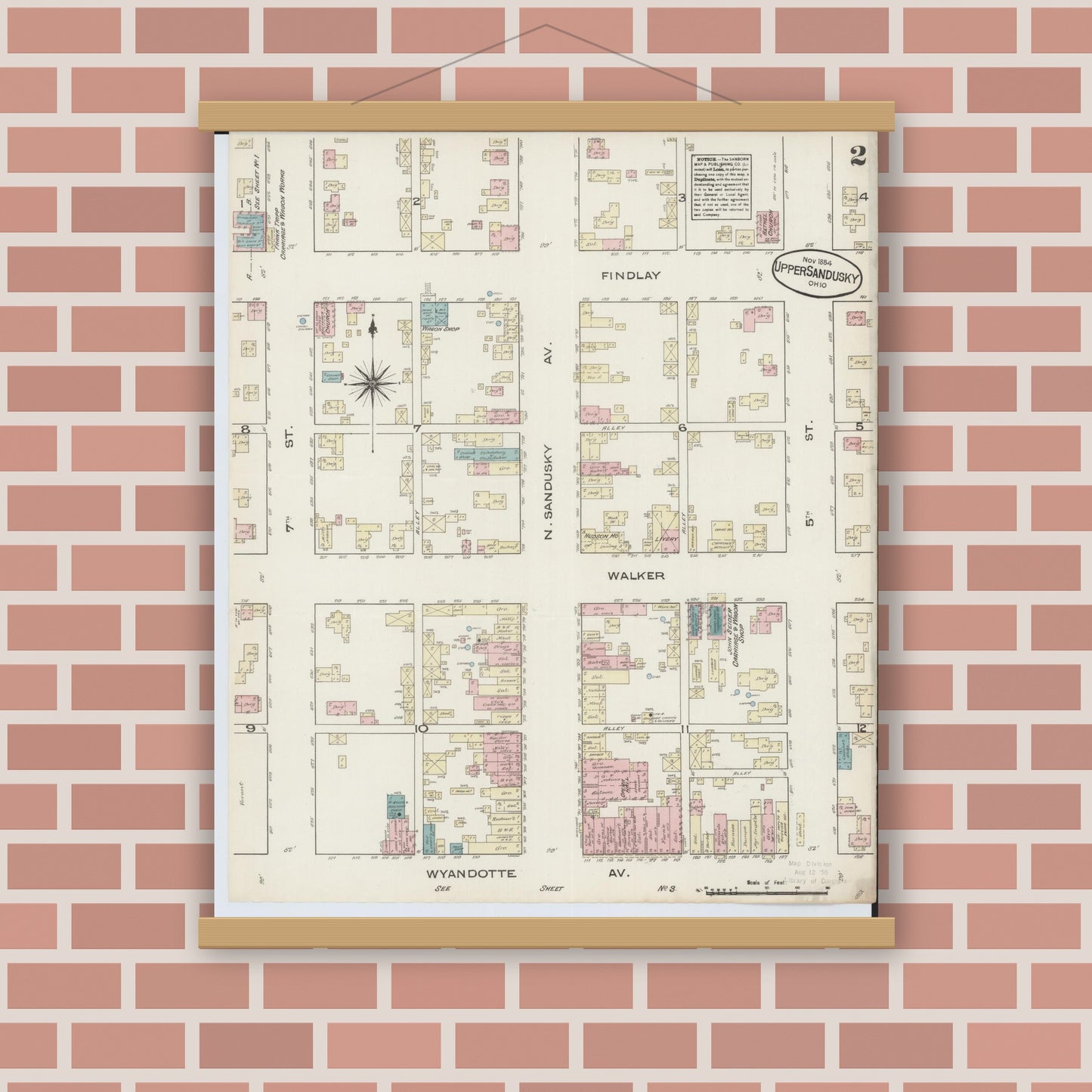 Old map wall art mockup — magnetic wood frame on brick wall — Sanborn Fire Insurance Map from Upper Sandusky, Wyandot County, Ohio (1884), Sheet #0002