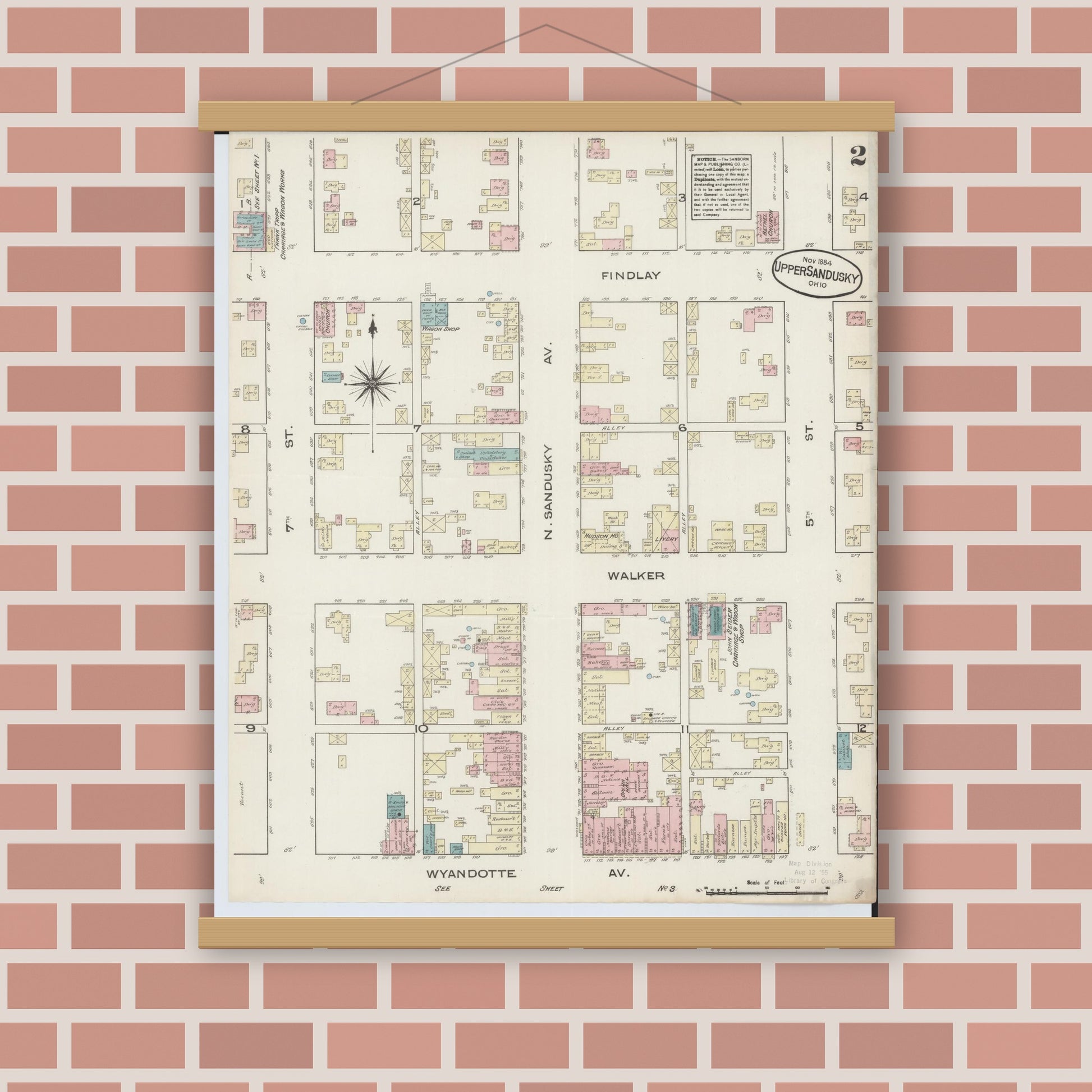 Old map wall art mockup — magnetic wood frame on brick wall — Sanborn Fire Insurance Map from Upper Sandusky, Wyandot County, Ohio (1884), Sheet #0002