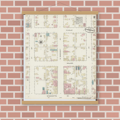 Old map wall art mockup — magnetic wood frame on brick wall — Sanborn Fire Insurance Map from Upper Sandusky, Wyandot County, Ohio (1884), Sheet #0002