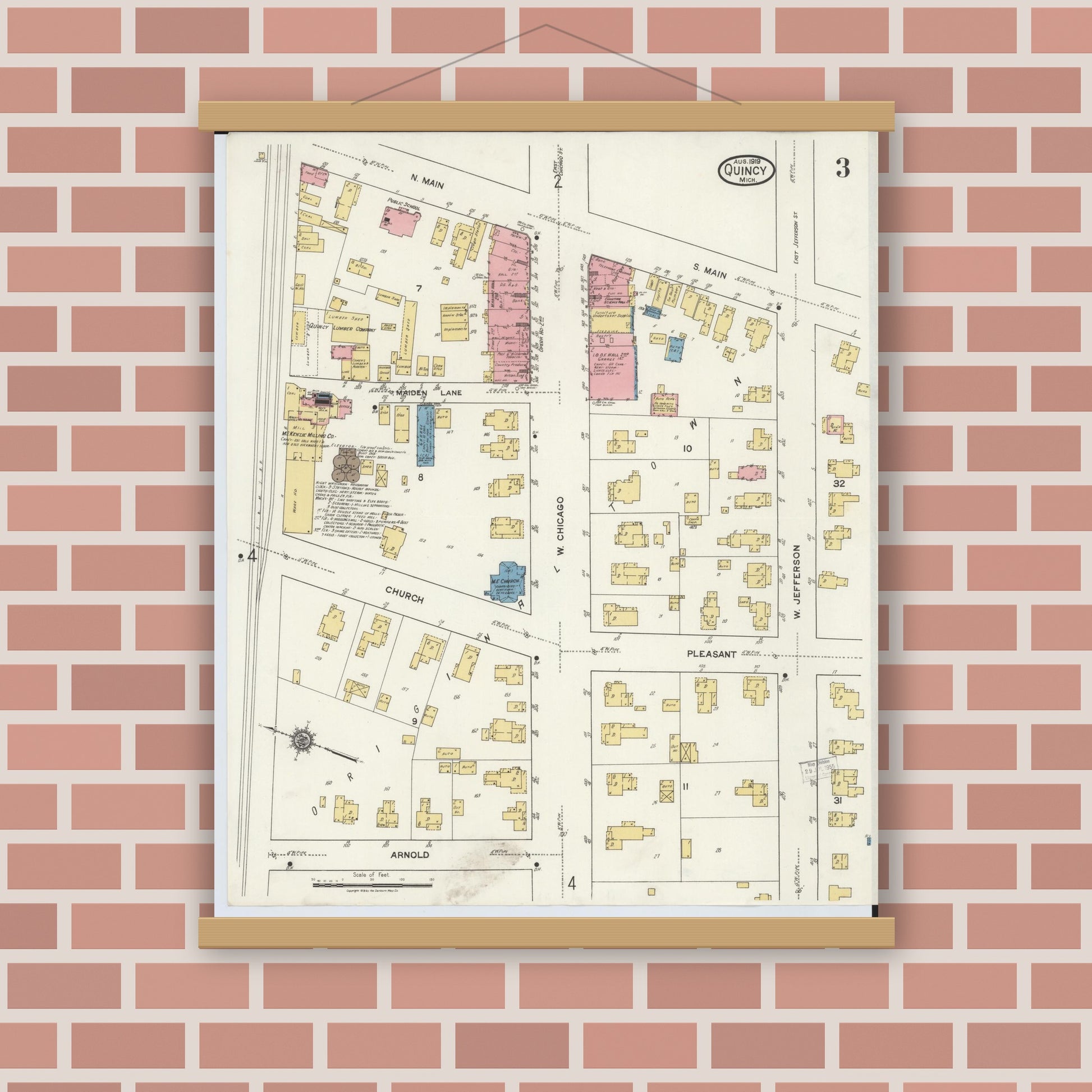 Old map wall art mockup — magnetic wood frame on brick wall — Sanborn Fire Insurance Map from Quincy, Branch County, Michigan (1919), Sheet #0003