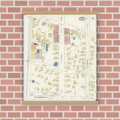 Old map wall art mockup — magnetic wood frame on brick wall — Sanborn Fire Insurance Map from Quincy, Branch County, Michigan (1919), Sheet #0003