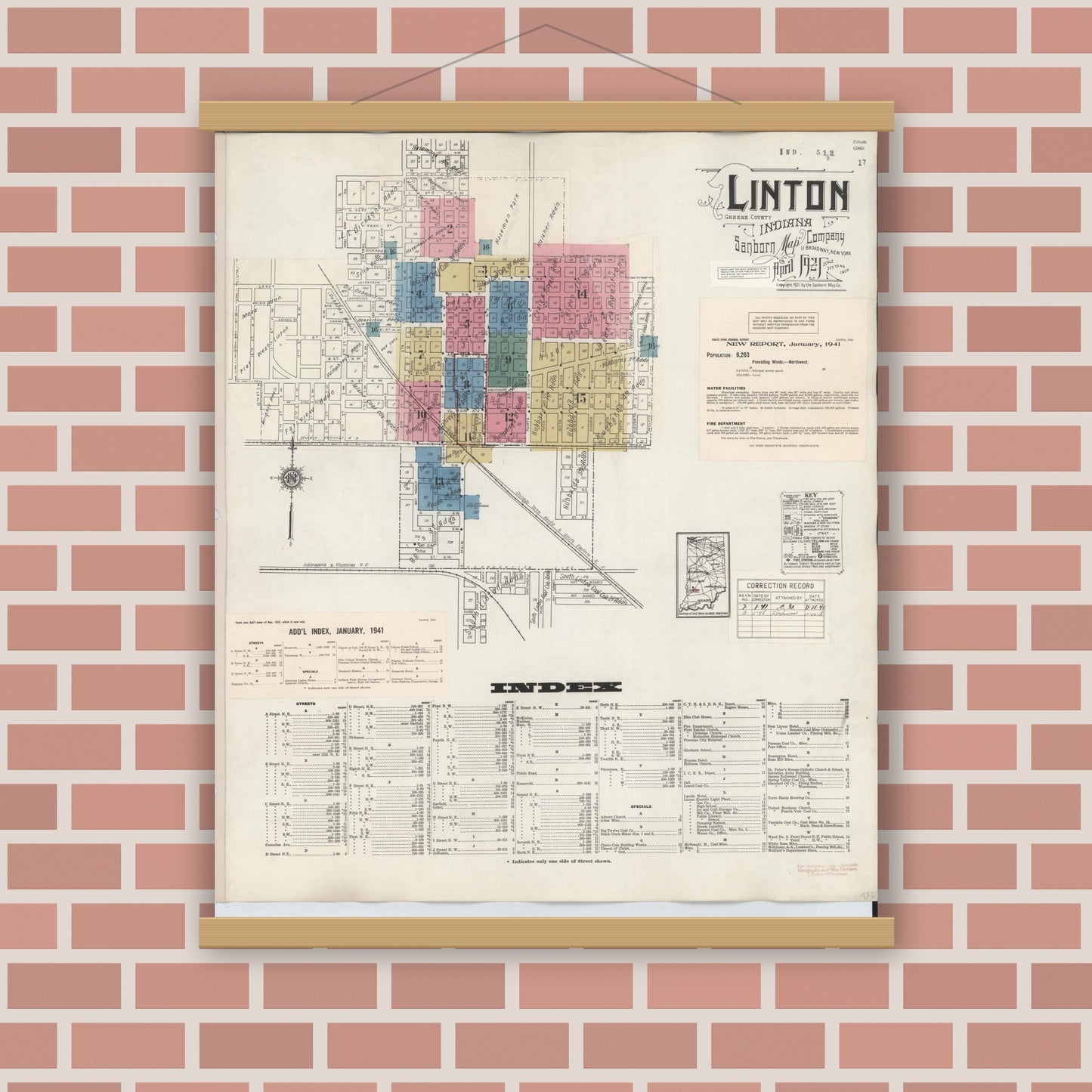 Old map wall art mockup — magnetic wood frame on brick wall — Sanborn Fire Insurance Map from Linton, Greene County, Indiana (1948) - Complete Map Set
