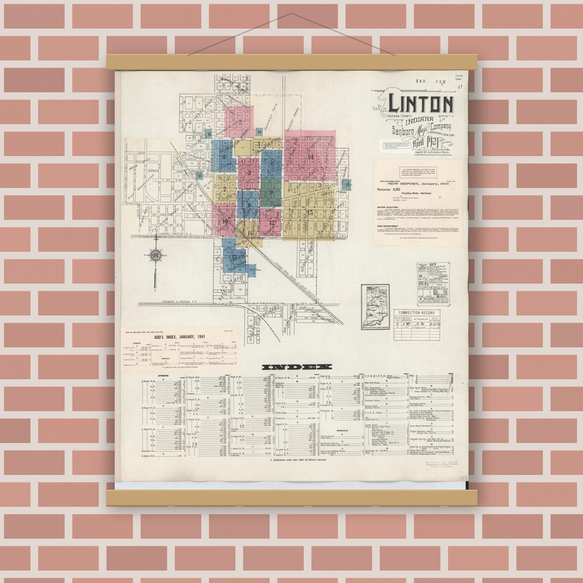 Old map wall art mockup — magnetic wood frame on brick wall — Sanborn Fire Insurance Map from Linton, Greene County, Indiana (1948) - Complete Map Set