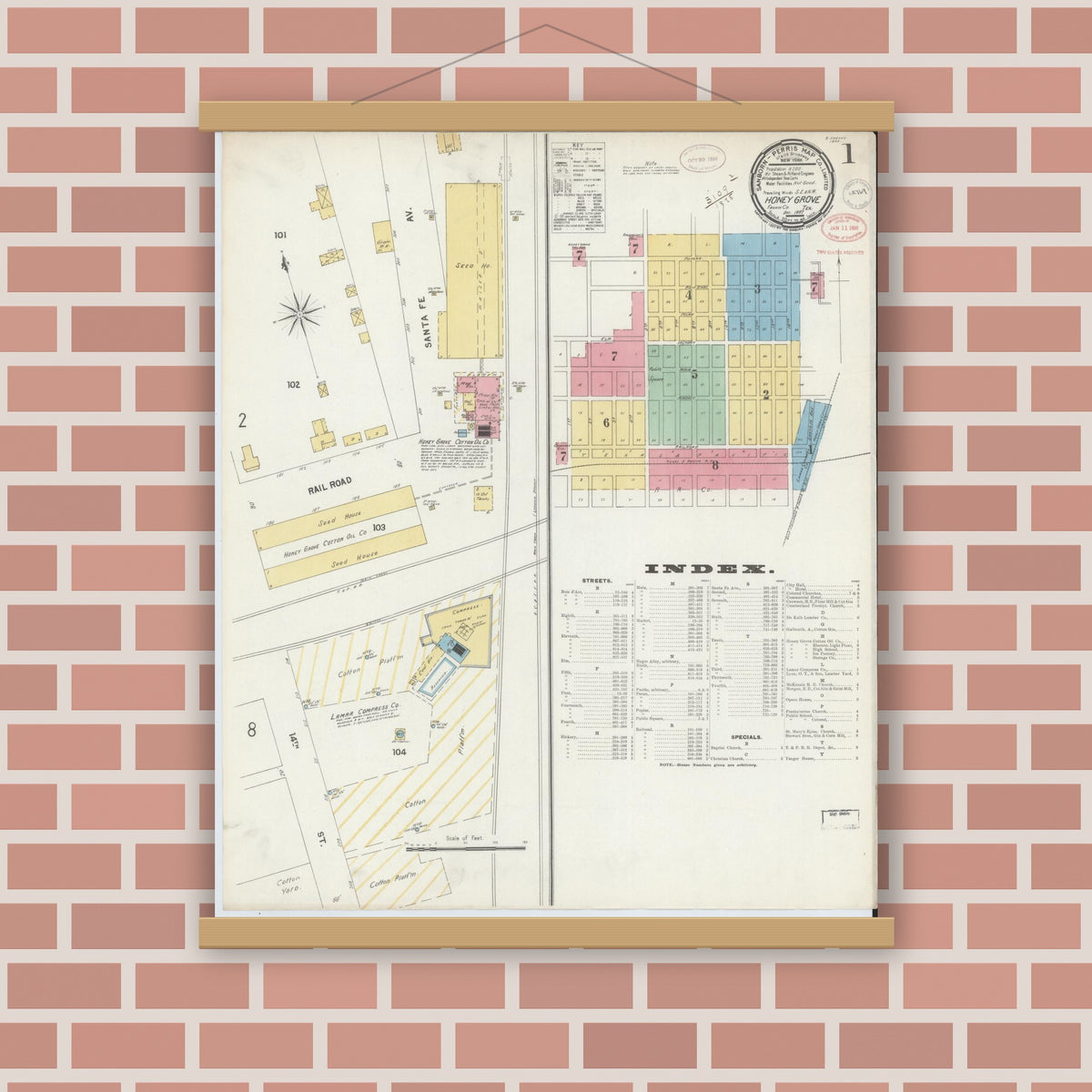 Old map wall art mockup — magnetic wood frame on brick wall — Sanborn Fire Insurance Map from Honey Grove, Fannin County, Texas (1897), Sheet #0001