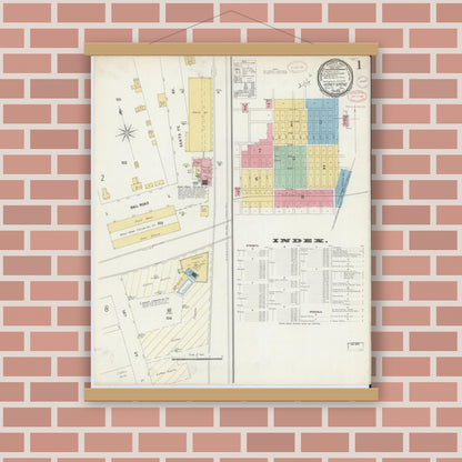 Old map wall art mockup — magnetic wood frame on brick wall — Sanborn Fire Insurance Map from Honey Grove, Fannin County, Texas (1897), Sheet #0001