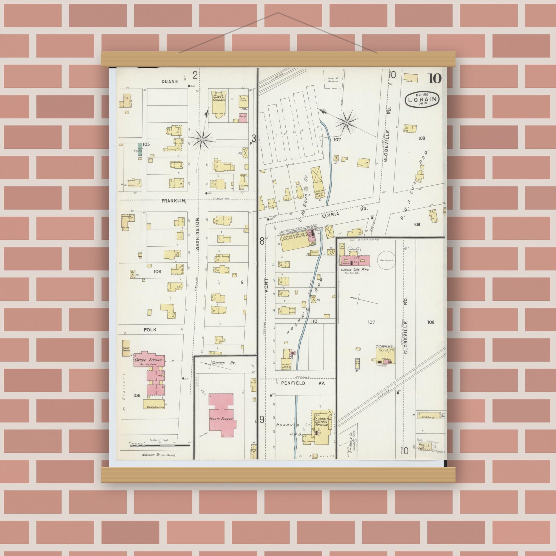 Old map wall art mockup — magnetic wood frame on brick wall — Sanborn Fire Insurance Map from Lorain, Lorain County, Ohio (1896), Sheet #0010