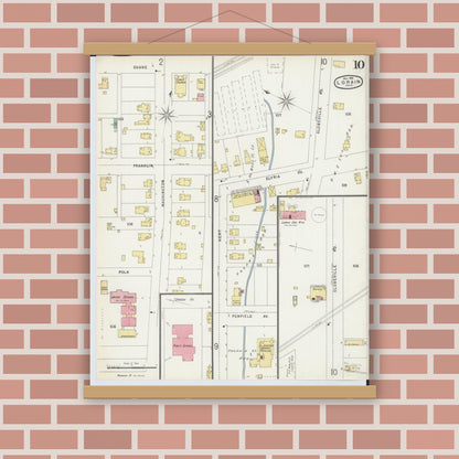 Old map wall art mockup — magnetic wood frame on brick wall — Sanborn Fire Insurance Map from Lorain, Lorain County, Ohio (1896), Sheet #0010