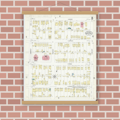 Old map wall art mockup — magnetic wood frame on brick wall — Sanborn Fire Insurance Map from Nanticoke, Luzerne County, Pennsylvania (1907), Sheet #0005