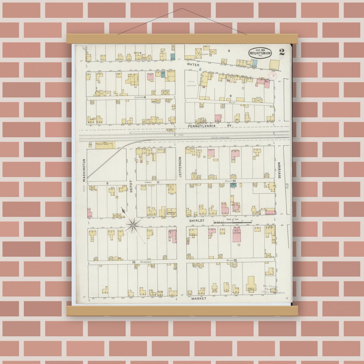 Old map wall art mockup — magnetic wood frame on brick wall — Sanborn Fire Insurance Map from Mount Union, Huntingdon County, Pennsylvania (1894), Sheet #0002