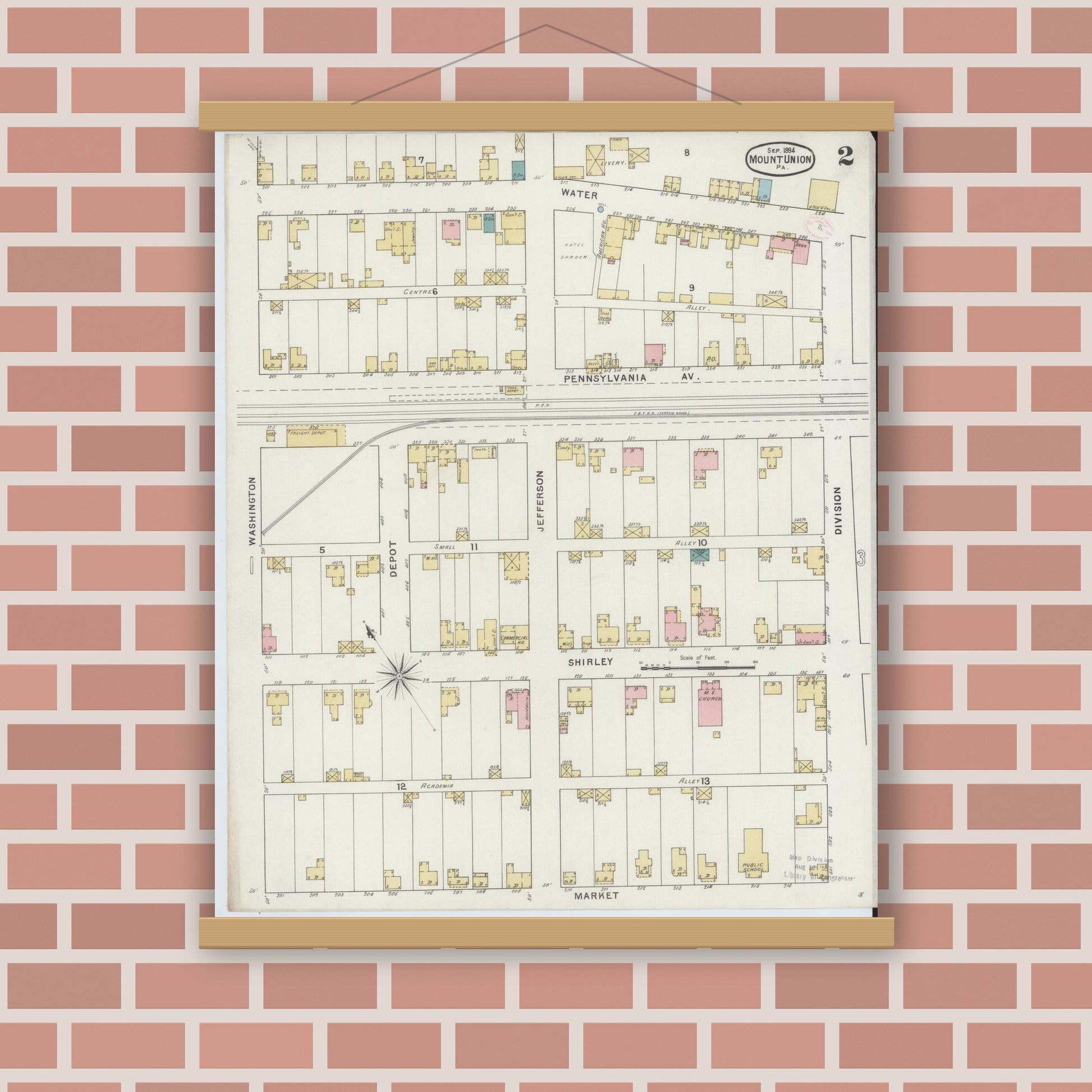 Old map wall art mockup — magnetic wood frame on brick wall — Sanborn Fire Insurance Map from Mount Union, Huntingdon County, Pennsylvania (1894), Sheet #0002