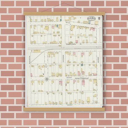 Old map wall art mockup — magnetic wood frame on brick wall — Sanborn Fire Insurance Map from Mount Union, Huntingdon County, Pennsylvania (1894), Sheet #0002