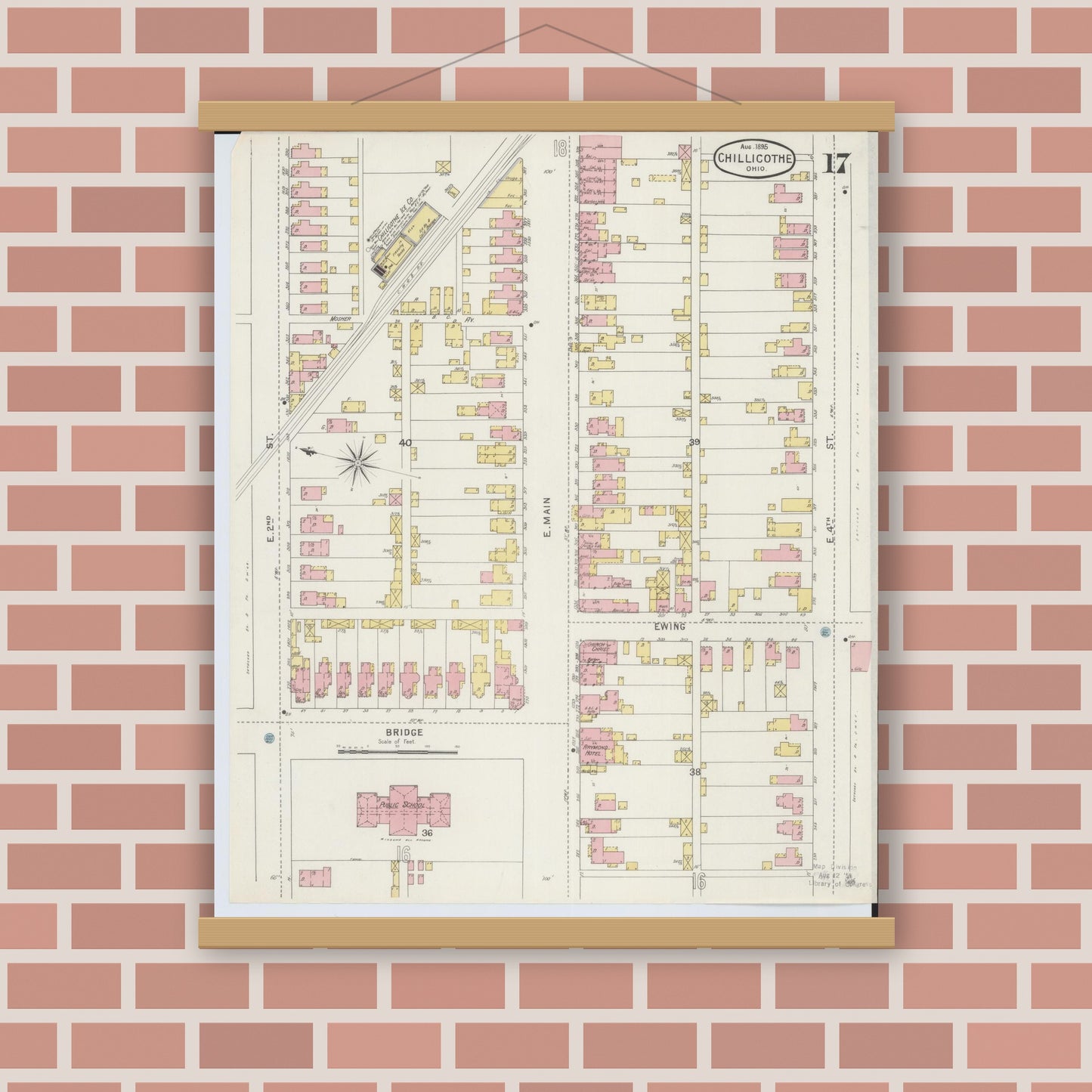 Old map wall art mockup — magnetic wood frame on brick wall — Sanborn Fire Insurance Map from Chillicothe, Ross County, Ohio (1895), Sheet #0017