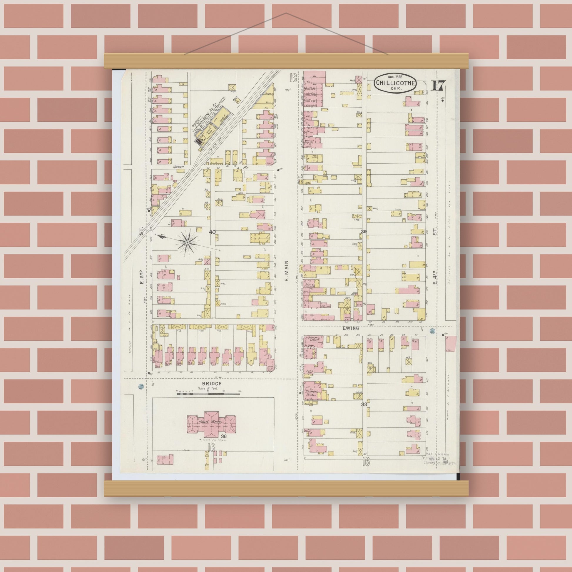 Old map wall art mockup — magnetic wood frame on brick wall — Sanborn Fire Insurance Map from Chillicothe, Ross County, Ohio (1895), Sheet #0017
