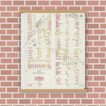 Old map wall art mockup — magnetic wood frame on brick wall — Sanborn Fire Insurance Map from Chillicothe, Ross County, Ohio (1895), Sheet #0017