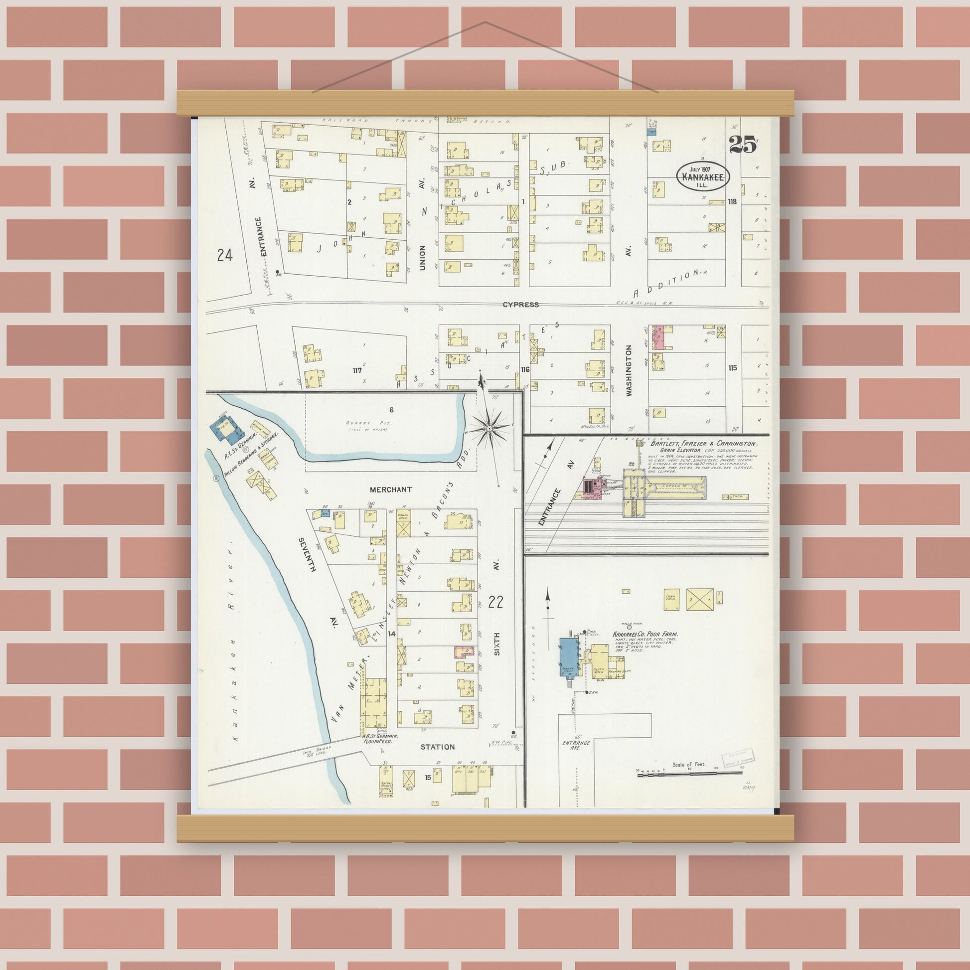 Old map wall art mockup — magnetic wood frame on brick wall — Sanborn Fire Insurance Map from Kankakee, Kankakee County, Illinois (1907), Sheet #0025