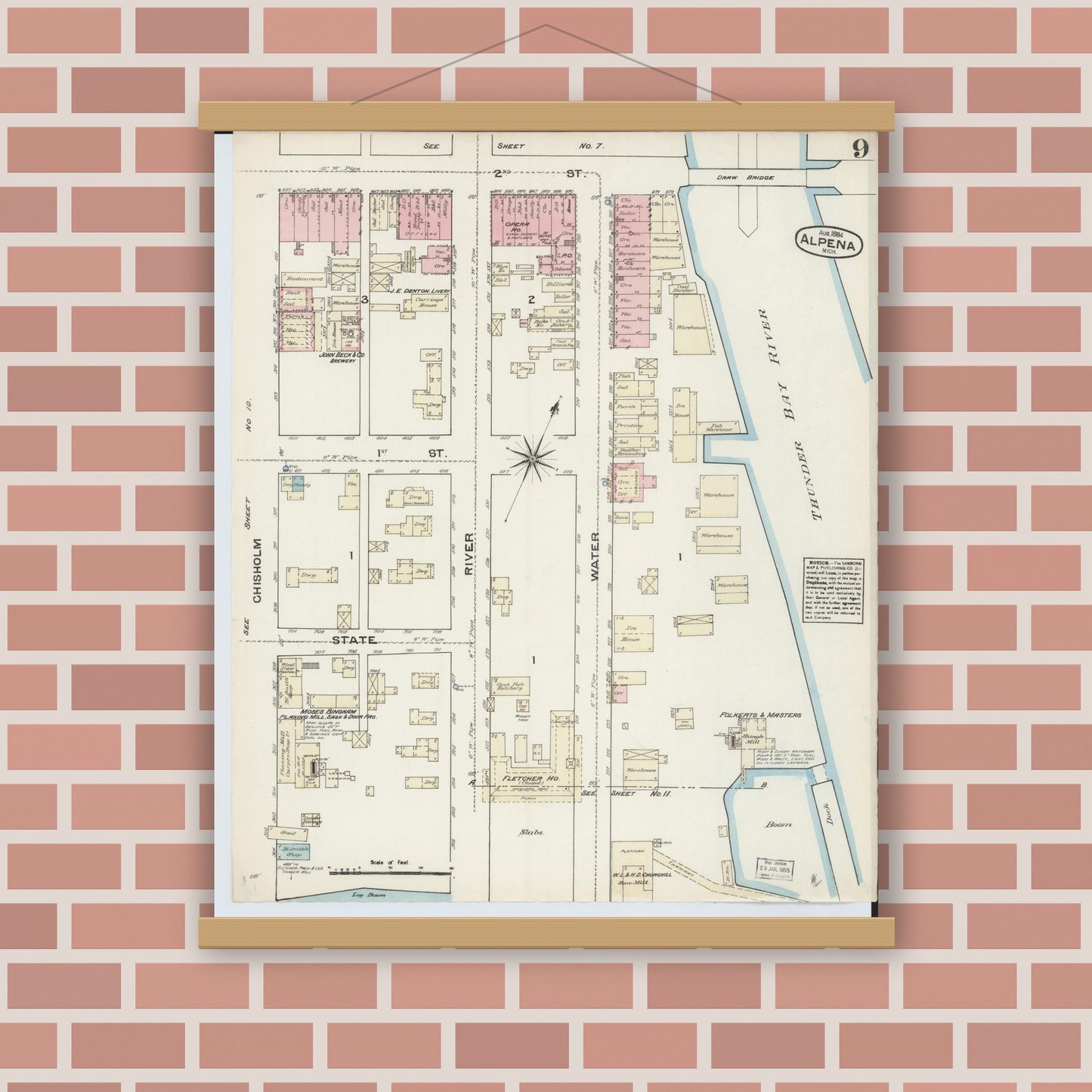 Old map wall art mockup — magnetic wood frame on brick wall — Sanborn Fire Insurance Map from Alpena, Alpena County, Michigan (1884), Sheet #0009