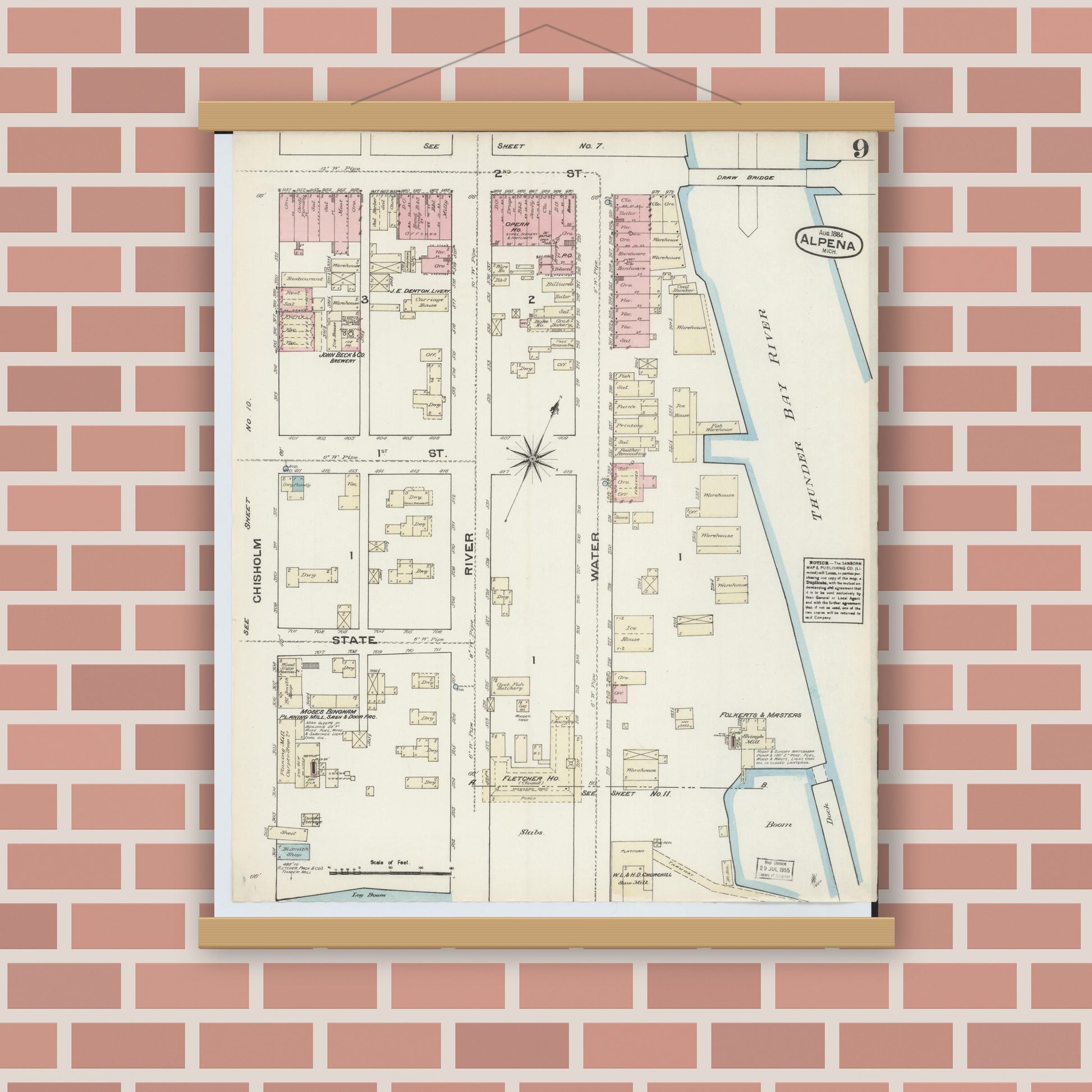 Old map wall art mockup — magnetic wood frame on brick wall — Sanborn Fire Insurance Map from Alpena, Alpena County, Michigan (1884), Sheet #0009