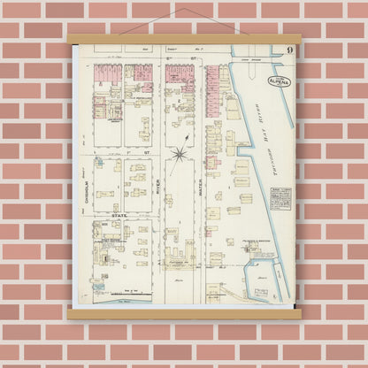 Old map wall art mockup — magnetic wood frame on brick wall — Sanborn Fire Insurance Map from Alpena, Alpena County, Michigan (1884), Sheet #0009