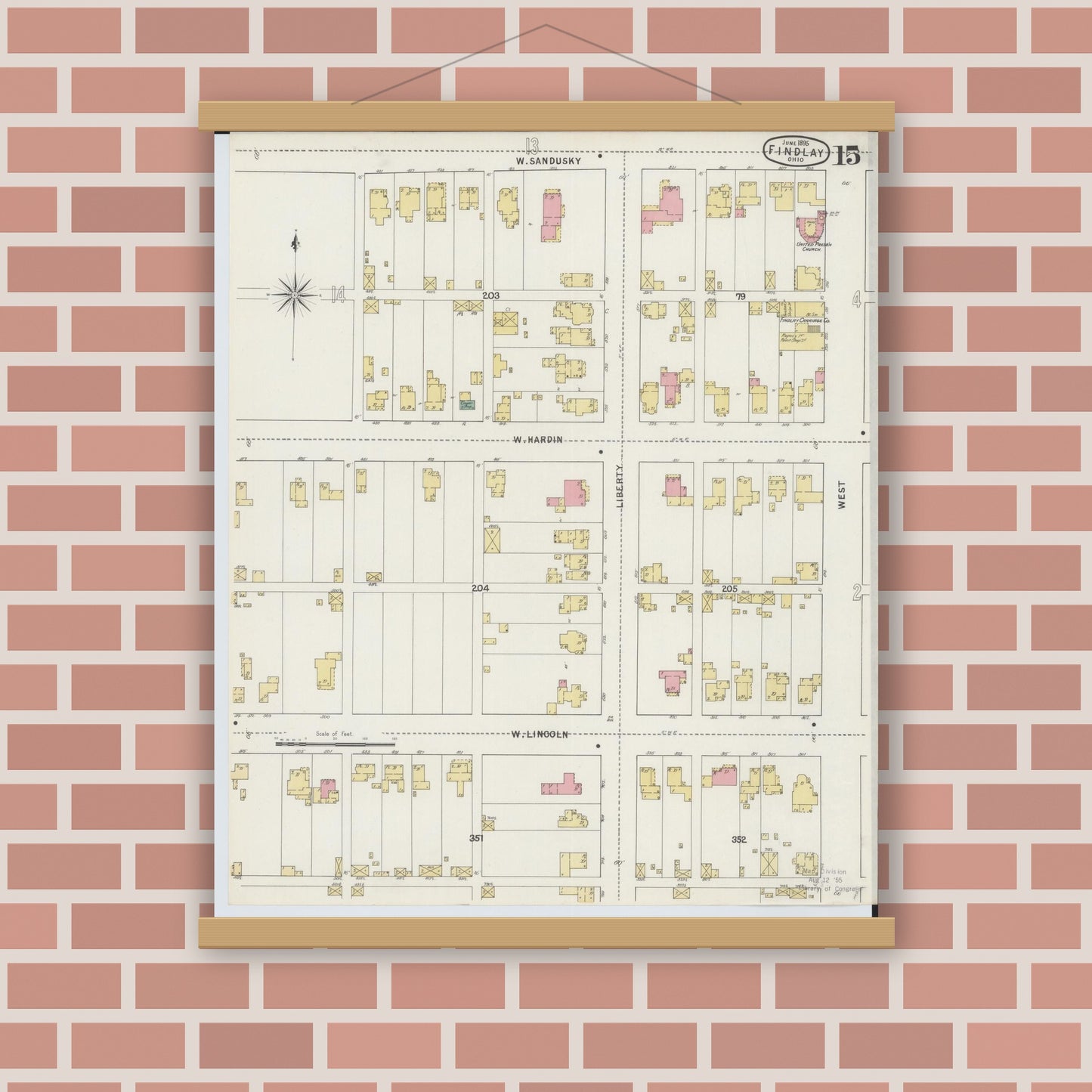 Old map wall art mockup — magnetic wood frame on brick wall — Sanborn Fire Insurance Map from Findlay, Hancock County, Ohio (1895), Sheet #0015
