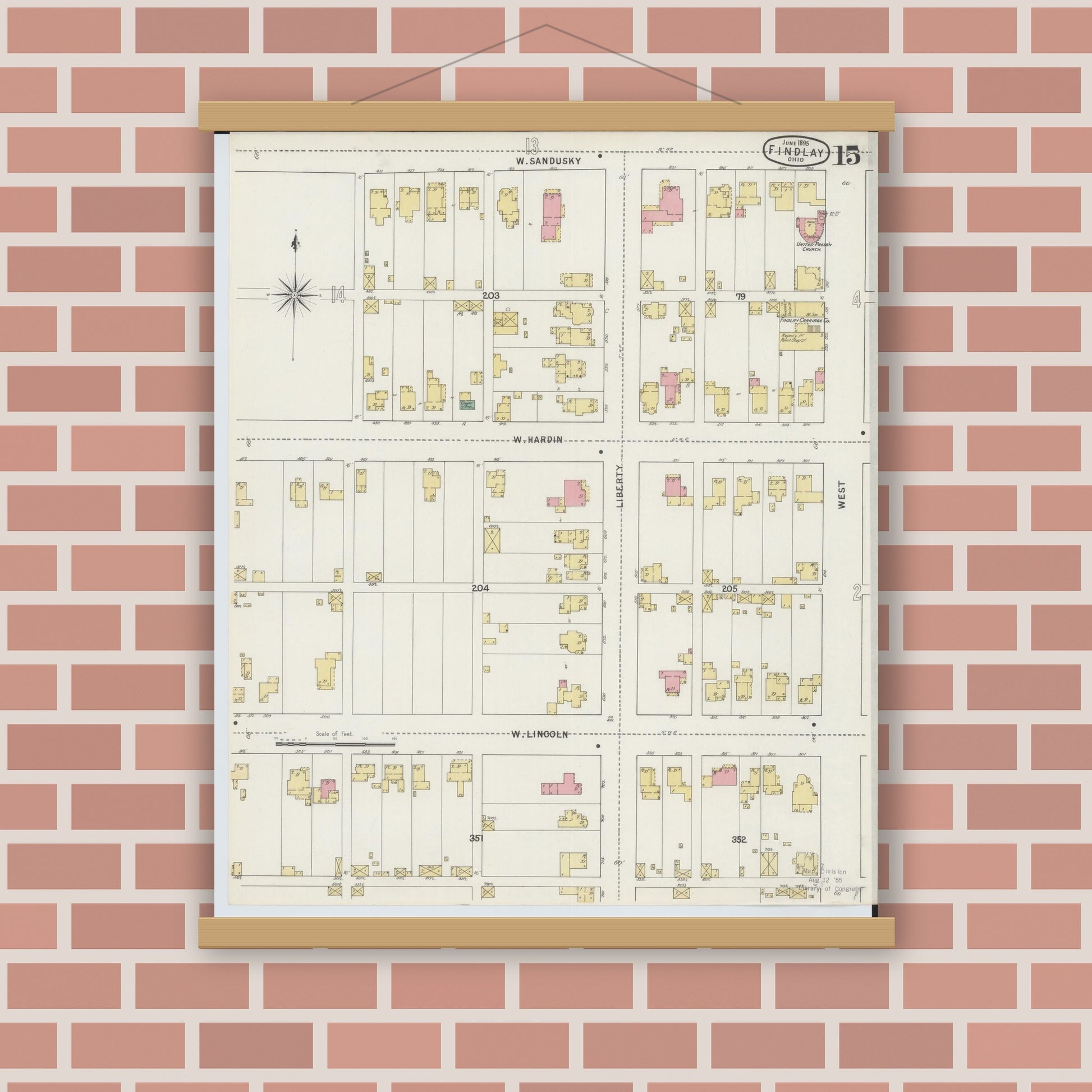Old map wall art mockup — magnetic wood frame on brick wall — Sanborn Fire Insurance Map from Findlay, Hancock County, Ohio (1895), Sheet #0015