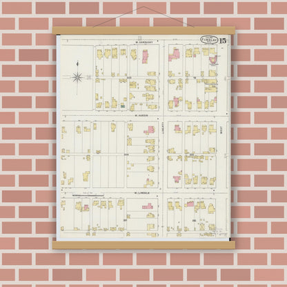 Old map wall art mockup — magnetic wood frame on brick wall — Sanborn Fire Insurance Map from Findlay, Hancock County, Ohio (1895), Sheet #0015