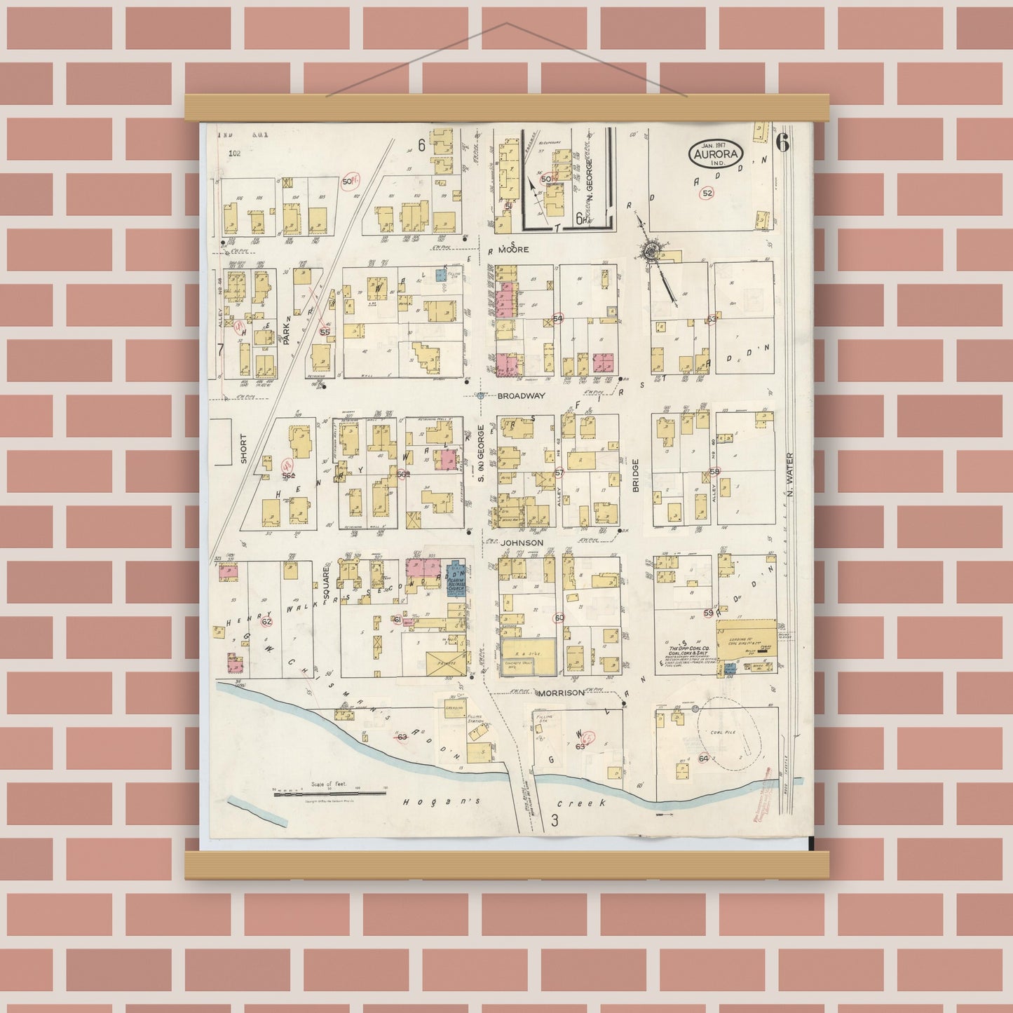 Old map wall art mockup — magnetic wood frame on brick wall — Sanborn Fire Insurance Map from Aurora, Dearborn County, Indiana (1935), Sheet #0006