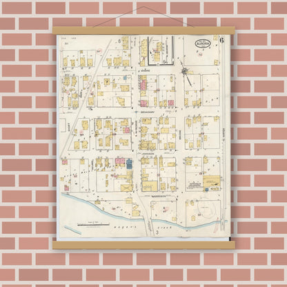 Old map wall art mockup — magnetic wood frame on brick wall — Sanborn Fire Insurance Map from Aurora, Dearborn County, Indiana (1935), Sheet #0006