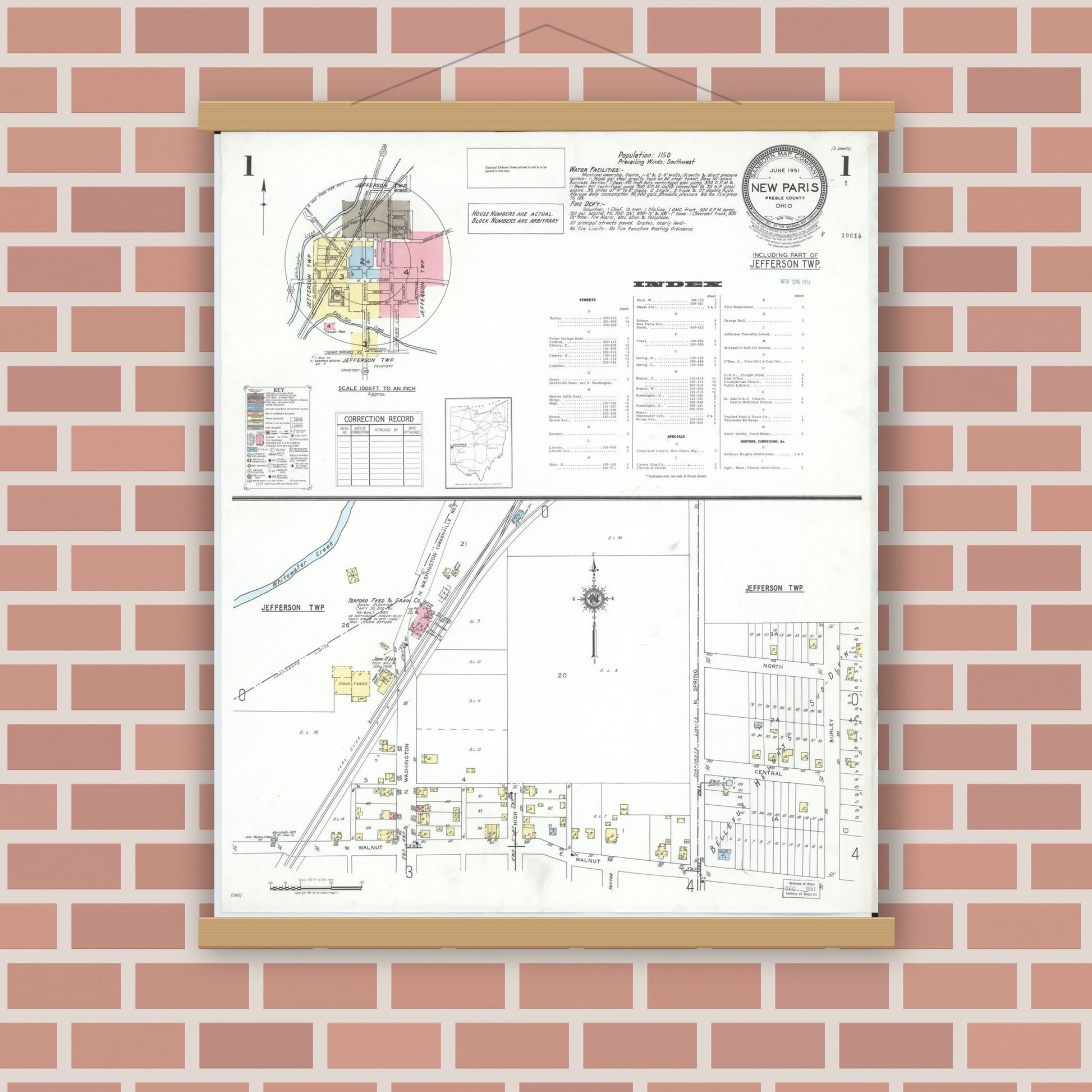 Old map wall art mockup — magnetic wood frame on brick wall — Sanborn Fire Insurance Map from New Paris, Preble County, Ohio (1951), Sheet #0001