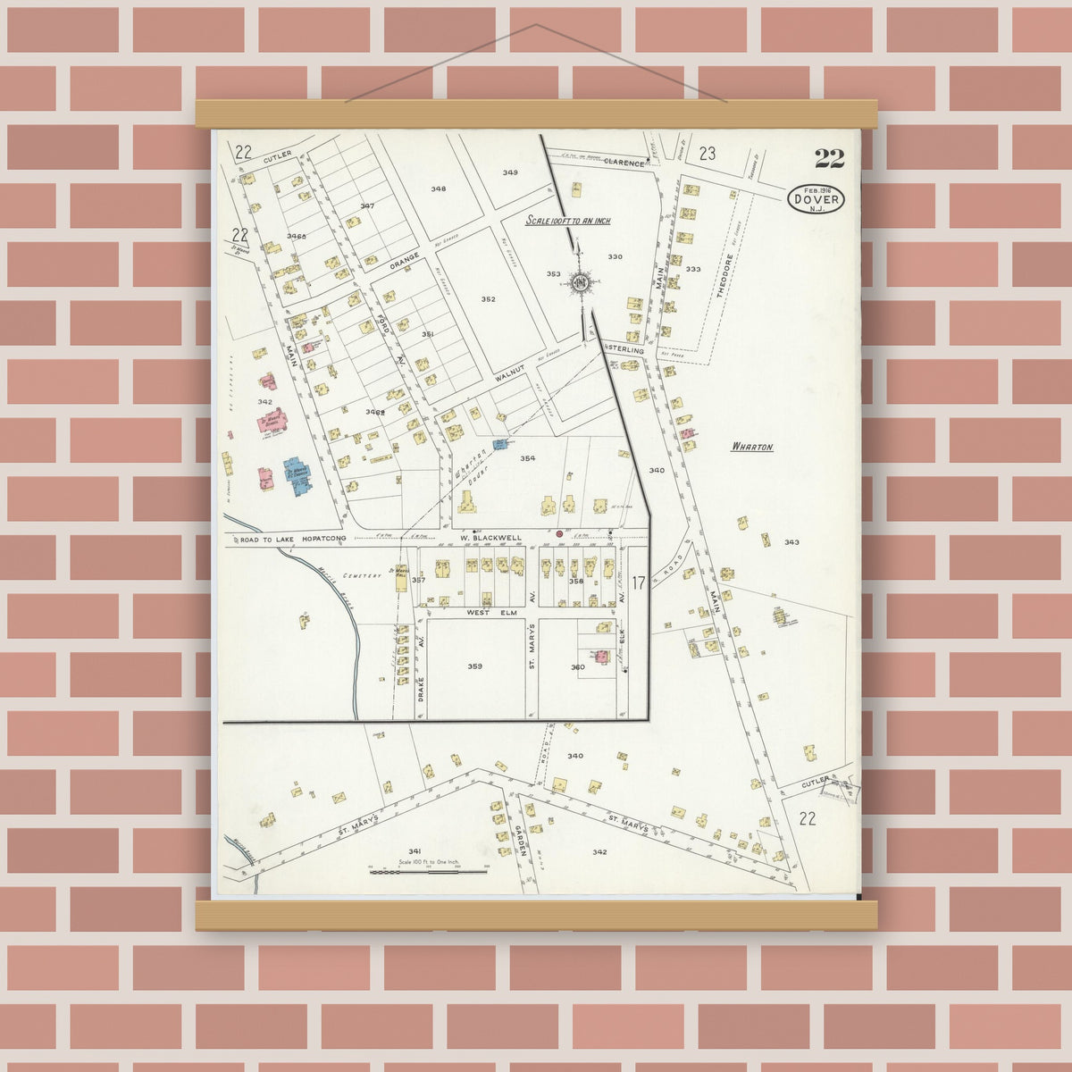 Old map wall art mockup — magnetic wood frame on brick wall — Sanborn Fire Insurance Map from Dover, Morris County, New Jersey (1916), Sheet #0022