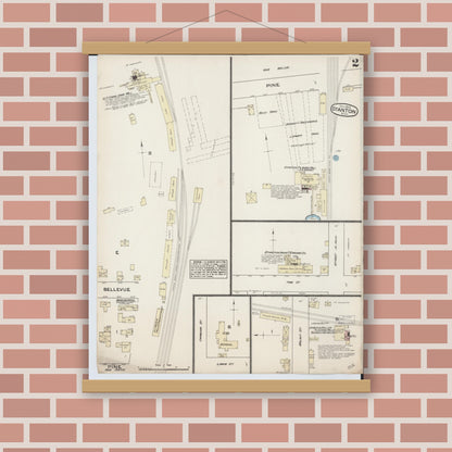 Old map wall art mockup — magnetic wood frame on brick wall — Sanborn Fire Insurance Map from Stanton, Montcalm County, Michigan (1884), Sheet #0002
