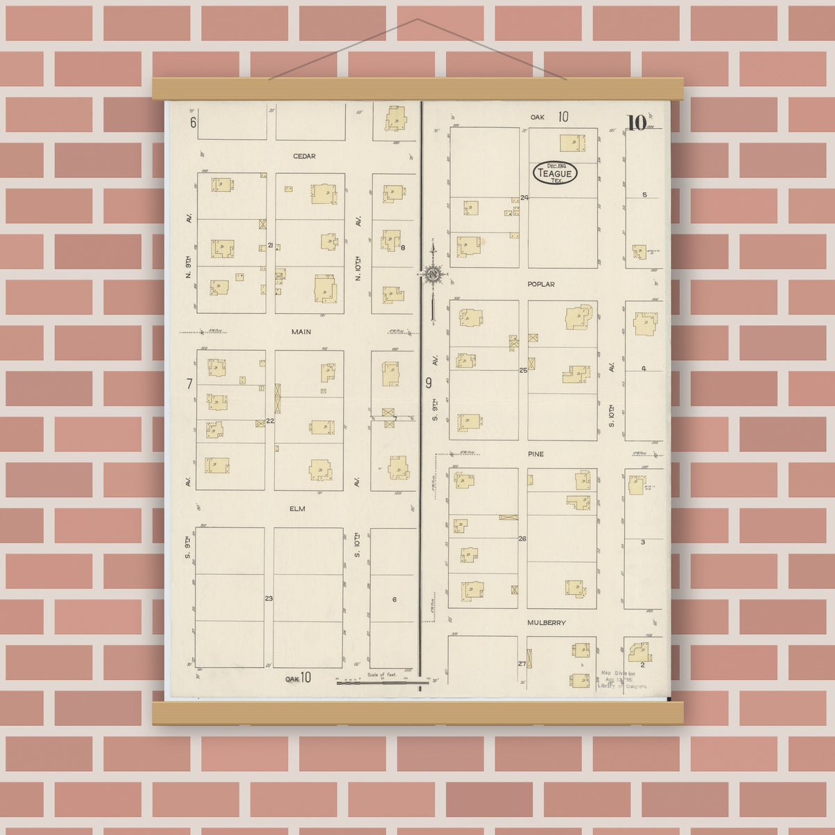 Old map wall art mockup — magnetic wood frame on brick wall — Sanborn Fire Insurance Map from Teague, Freestone County, Texas (1914), Sheet #0010