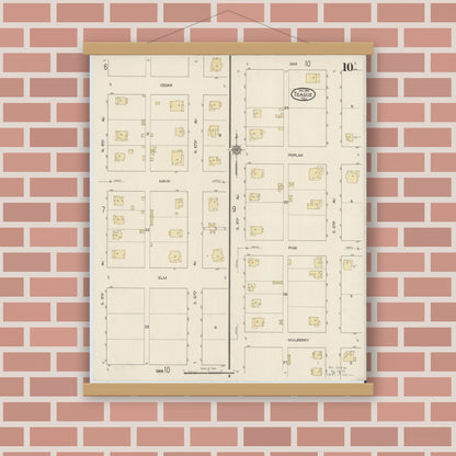 Old map wall art mockup — magnetic wood frame on brick wall — Sanborn Fire Insurance Map from Teague, Freestone County, Texas (1914), Sheet #0010