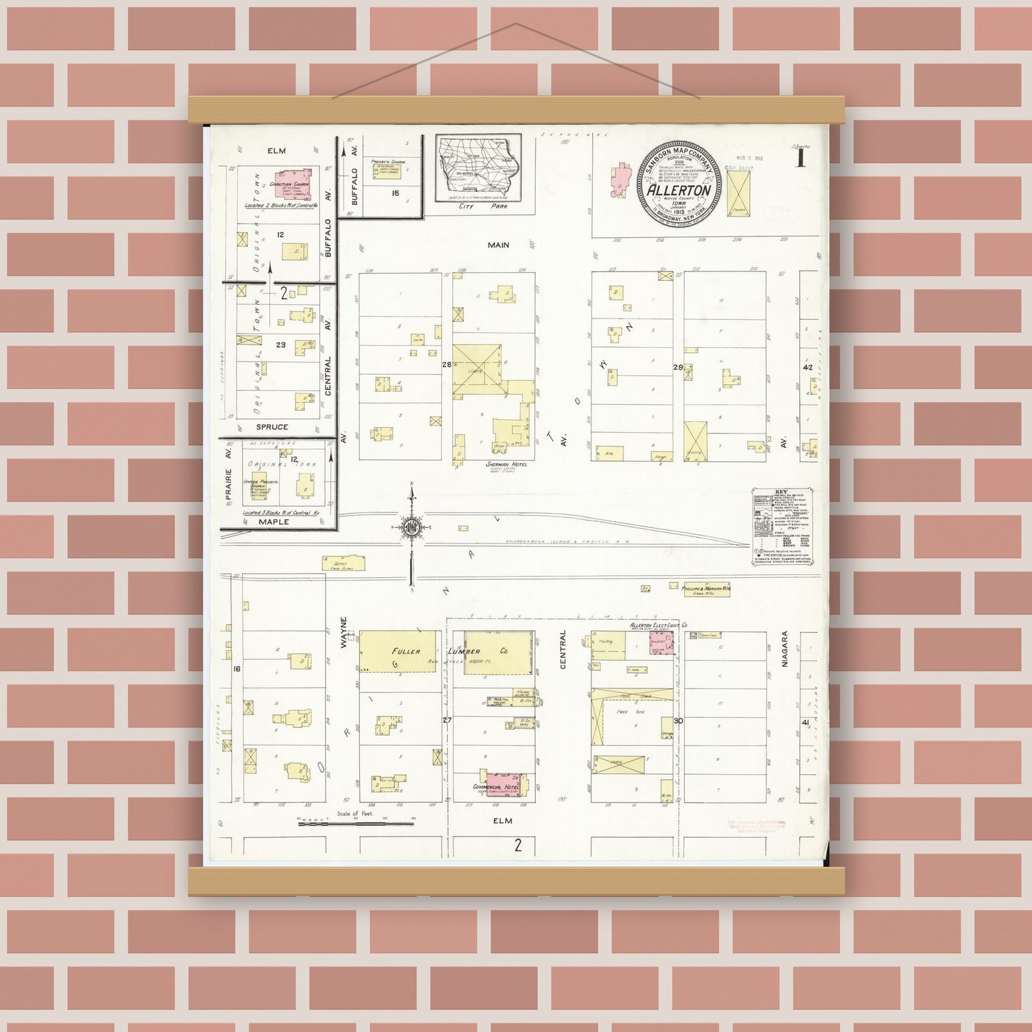 Old map wall art mockup — magnetic wood frame on brick wall — Sanborn Fire Insurance Map from Allerton, Wayne County, Iowa (1913) â€” Complete Set
